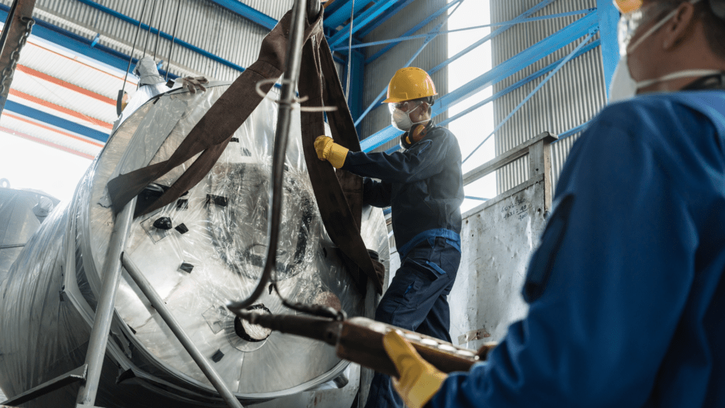 two men working in factory on industrial boiler
