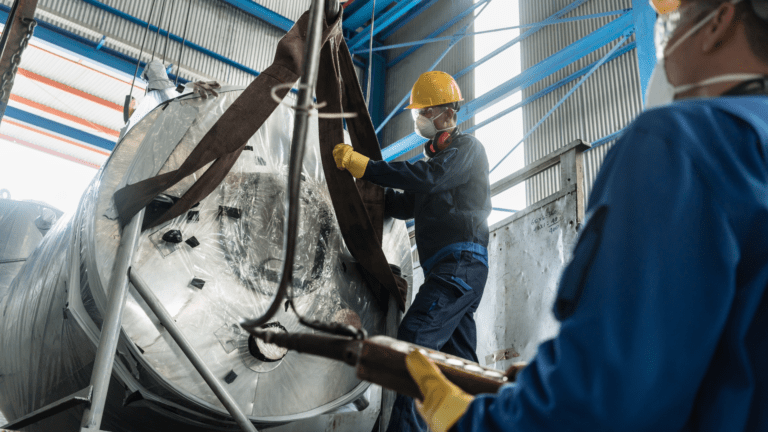 two men working in factory on industrial boiler