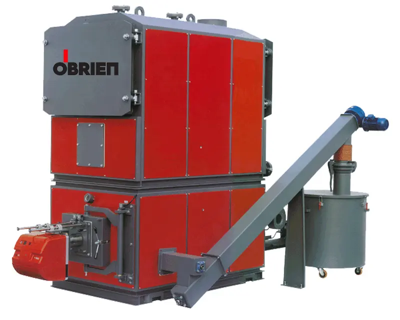 O'Brien Energy biomass boiler system with a red and grey exterior, featuring an integrated burner, fuel feed conveyor, and ash handling unit.